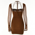 Mesh long sleeve solid ruched halter zip-up mini dress