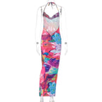 Cowl neck halter backless ruched flower print maxi dress