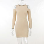 Long sleeve solid hollow out lace up self tie mini dress