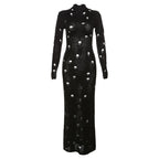 Crochet solid long sleeve high neck lace up maxi dress