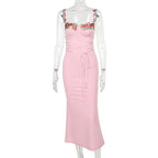 Flower embroidery contrast lace up sleeveless midi dress