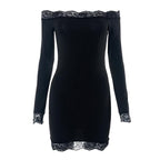 Lace hem solid off shoulder long sleeve mini dress