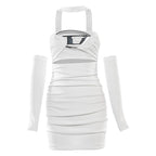 Halter "D" applique ruched gloves backless mini dress