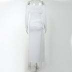 Cross front solid long sleeve off shoulder slit self tie maxi dress