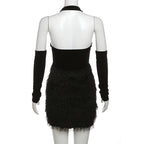 Fluffy mesh patchwork halter gloves solid backless mini dress