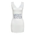 Letter print contrast cowl neck sleeveless metal chain mini dress