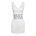 Letter print contrast cowl neck sleeveless metal chain mini dress