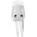 Long sleeve off shoulder ruched bowknot backless ruffle mini dress
