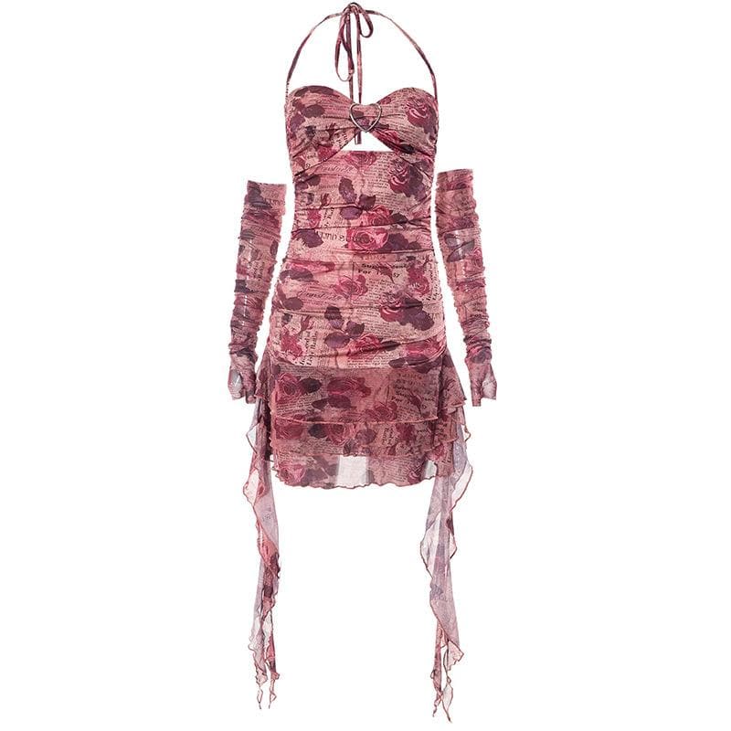Flower print contrast gloves buckle ruched halter backless ruffle mini dress