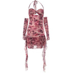 Flower print contrast gloves buckle ruched halter backless ruffle mini dress