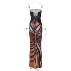 Lace up contrast print slit backless tube maxi dress