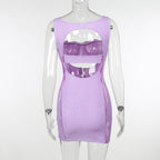Square neck lace backless hollow out button solid cami mini dress