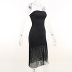 Sleeveless solid backless tassel tube dress