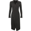 Ribbed solid long sleeve turnover collar slit v neck midi dress