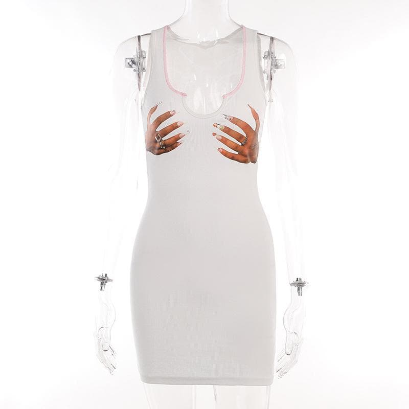 Palm pattern contrast sleeveless notch neck mini dress