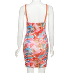 Chain strap ruched print bodycon dress