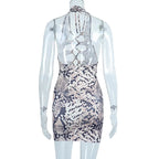 Snakeskin print hollow out self tie backless mini dress