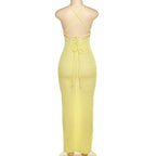 Cross back self tie backless u neck textured solid maxi dress