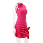 Flower applique solid sleeveless ribbed ruffle irregular mini dress