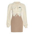 Drawstring turnover collar long sleeve contrast mini dress