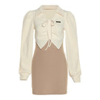 Drawstring turnover collar long sleeve contrast mini dress