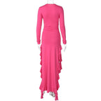 Long sleeve crewneck ruffle slit solid ruched maxi dress