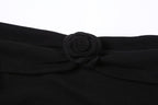 Flower applique off shoulder long flared sleeve slit mini dress