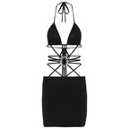 Halter self tie ruched backless stone applique solid mini dress