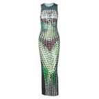 Polka dot contrast sleeveless crewneck maxi dress