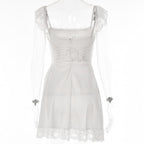 Lace hem solid cap sleeve zip-up ruched lace up mini dress
