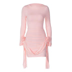 Flower applique solid long sleeve ruched ribbon mini dress