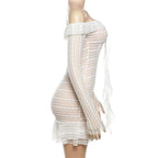 Lace see through off shoulder ruffle long sleeve solid mini dress