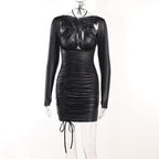 Drawstring solid long sleeve cross front halter low cut mini dress