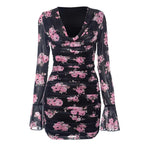 Long flared sleeve cowl neck ruffle flower print sheer mesh mini dress