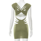 Round neck short sleeve hollow out solid dress