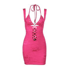 Halter o ring lace up lace backless hollow out solid mini dress