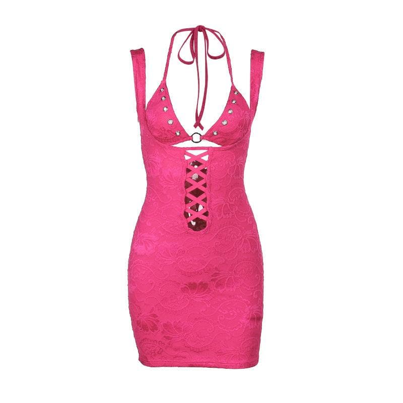 Halter o ring lace up lace backless hollow out solid mini dress