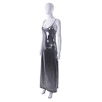 Metallic v neck backless solid low cut cami maxi dress