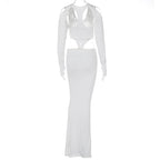 Hollow out long sleeve solid gloves u neck maxi dress