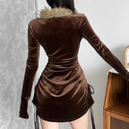 Feather long sleeve velvet ruched drawstring solid mini dress