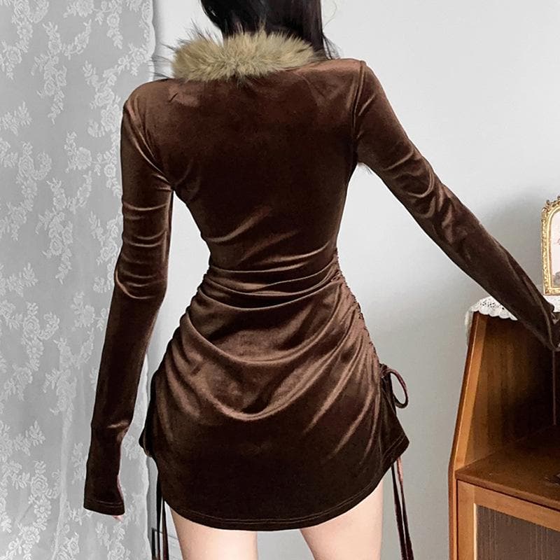 Feather long sleeve velvet ruched drawstring solid mini dress