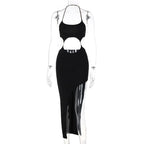 Metal chain halter backless hollow out slit solid midi dress