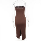 Solid beaded slit backless tube midi dress