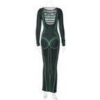 Long sleeve round neck contrast abstract body print maxi dress