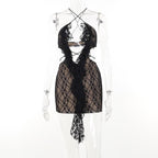 Cross front backless hollow out lace hem contrast mini dress