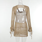 Crochet see through cowl neck long sleeve hollow out mini dress