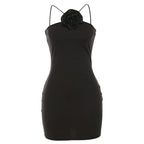Flower applique solid sleeveless backless mini dress