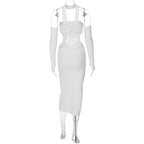Gloves halter solid button hollow out backless midi dress