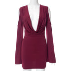 Long flared sleeve off shoulder cowl neck ruched solid mini dress