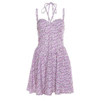 Flower print halter sweetheart neck zip-up backless mini dress